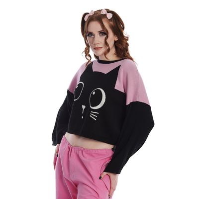 Foto van Banned | Roze met zwarte trui Haru, wijd model met katten snoet voor en staart achter
