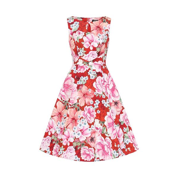 Hearts & Roses | Swing jurk Charlie, rood met grote roze bloemen Queensize