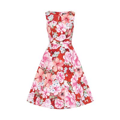 Foto van Hearts & Roses | Swing jurk Charlie, rood met grote roze bloemen Queensize