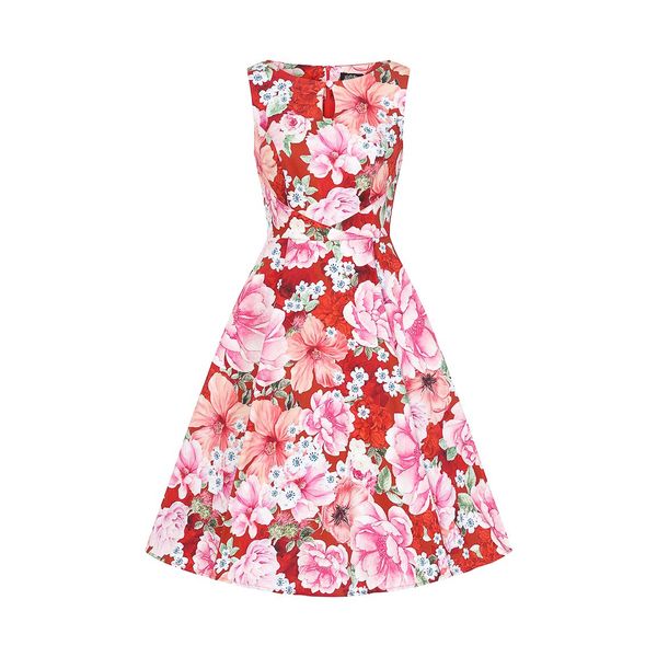 Hearts & Roses | Swing jurk Charlie, rood met grote roze bloemen Queensize