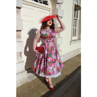 Foto van Hearts & Roses | Queen - Swing jurk Lola, zacht-groen met grote roze pioenrozen
