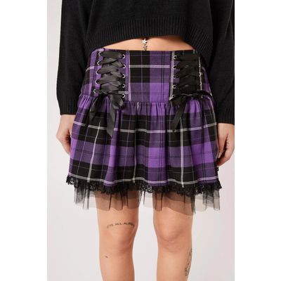 Foto van Hell Bunny | Punkyrok, Quinzel van zwart paarse tartan met veterdetails