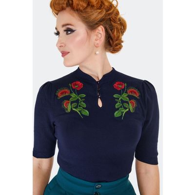 Foto van Voodoo Vixen | Blauw jaren '80 truitje met korte mouwen met Venus Flytrap borduursel