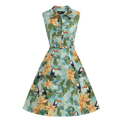 Foto van Dolly and Dotty | Vintage stijl jurk, Poppy lichtblauw tropical tiki print
