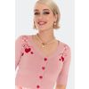 Afbeelding van Voodoo Vixen | Roze Retro cardigan met rode harten en lintjes borduursel en hartjes-knopen