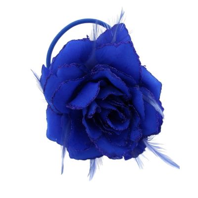 Foto van Zacharia | Royal blauwe roos met glitter en veertjes haarclip, broche en elastiek