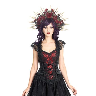 Foto van Sinister | Gothic top Feline, zwart bordeaux fluweel en kanten mini vleugel mouwen