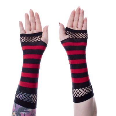 Foto van Poizen Industries | Vingerloze handschoenen, zwart rood gestreept met fishnet rand