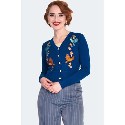 Foto van Voodoo Vixen | Blauwe cardigan Woodland met vogel, paddenstoelen en herfst-borduursels