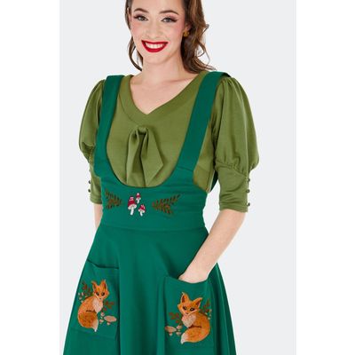 Foto van Voodoo Vixen | Groene jaren '70 rok met hoge taille en schouderbanden en herfstvosjes borduursel