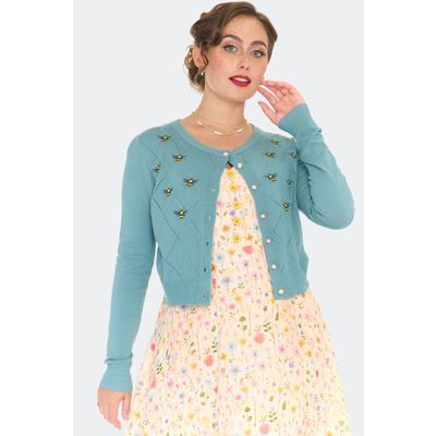 Voodoo Vixen | Blauwe vintage inspired cardigan met ruitpatroon en geborduurde bijen