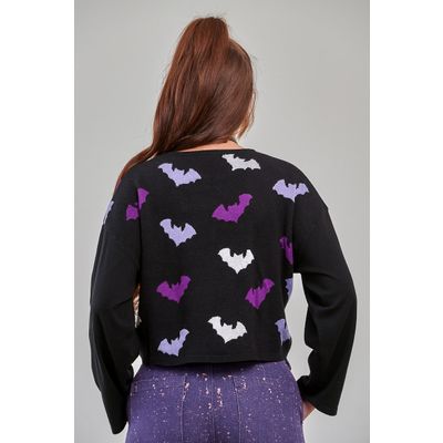 Foto van Banned | Batty Babe korte zwarte wijdvallende jumper met paarse en lila vleermuizen