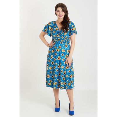 Dolly and Dotty | Zomer jurk Donna, met V-hals, blauw met gele zonnebloemen