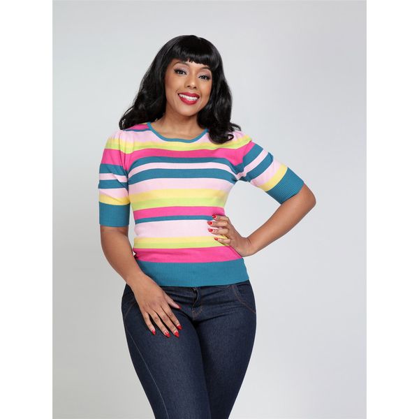 Collectif | Gebreide top met korte mouw, Chrissie retrostreep Collectif | Gebreide top met korte mouw, Chrissie retrostreep