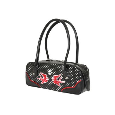 Banned | Rock 'n Roll handtas, zwart met witte stippen, rode zwaluwen en ritssluiting