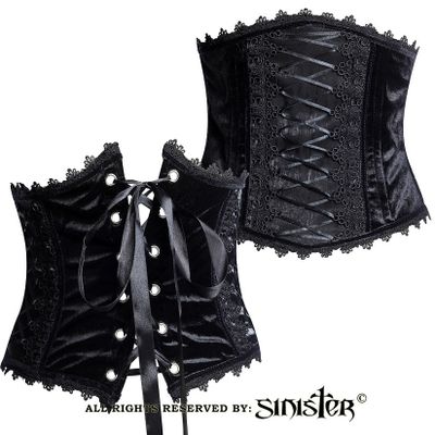 Foto van Sinister | Corset-riem Victoria, zwart fluweel met kant, satijn en lintdetails