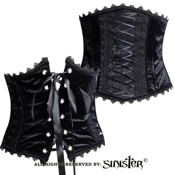 Sinister | Corset-riem Victoria, zwart fluweel met kant, satijn en lintdetails Sinister | Corset-riem Victoria, zwart fluweel met kant, satijn en lintdetails