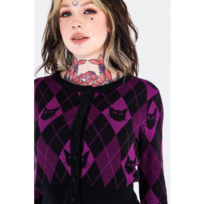 Foto van Jawbreaker | Cardigan Argyle Cat met paarse ruit en kattensnoetjes
