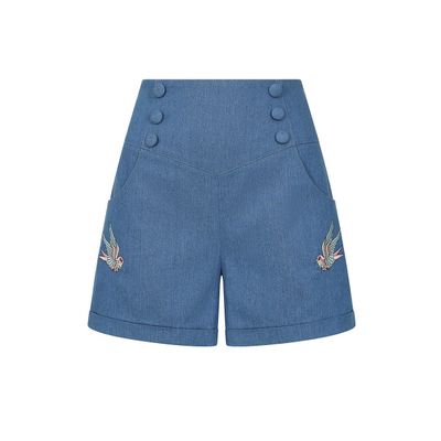 Foto van Banned | Vintage Rock'n Roll denim hoge taille korte broek Millie met zwaluw borduursel