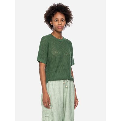 Foto van ATO Berlin | T-shirt Nanet van olijfgroen ajour-breisel, biokatoen