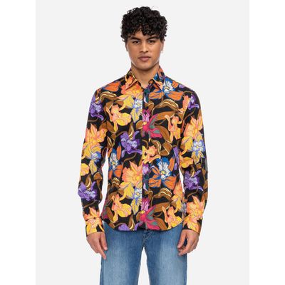 Foto van ATO Berlin | Soepel overhemd Tamuza met tropisch oranje geel bloemen patroon, biokatoen