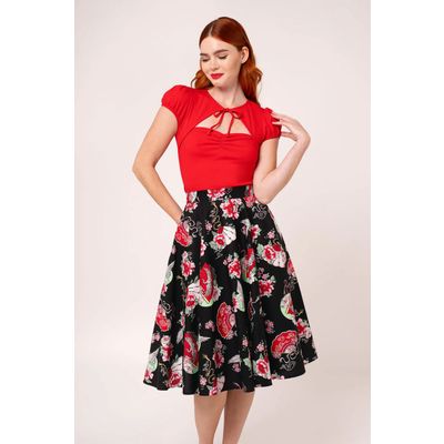 Foto van Hell Bunny | Jaren 50 rok Yuna zwart met pioenrozen en kraanvogels