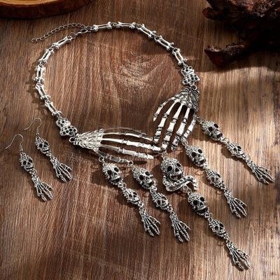 Foto van Zacharia | Set halsketting en oorbellen zilverkleurige diamand skulls en skelethandjes 