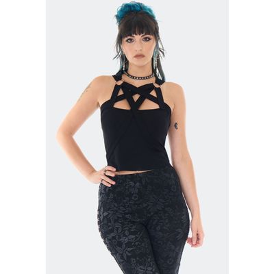 Foto van Jawbreaker | Gothic top met pentagram-shape straps halslijn en O-ringen