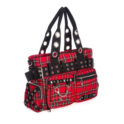 Foto van Banned | Handtas Camdyn van rode tartan met Gothic & Punk details