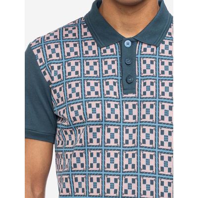 Foto van ATO Berlin | Polo Enzio met blauw geblokt jacquard patroon en korte mouw, bio