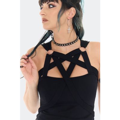 Foto van Jawbreaker | Gothic top met pentagram-shape straps halslijn en O-ringen