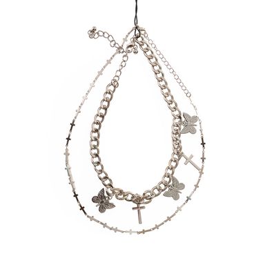 Foto van Banned | Goth halsketting Prey bird met dubbele ketting, kruisjes en vlinders