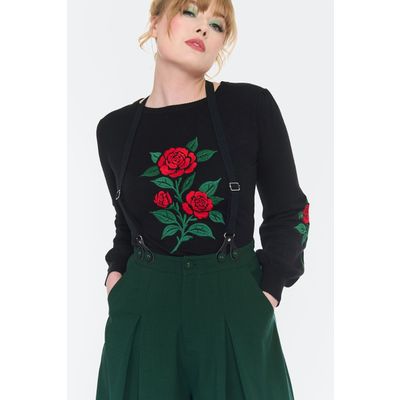 Foto van Voodoo Vixen | Groene dames pantalon met extra wijde pijpen, hoge taille en bretels