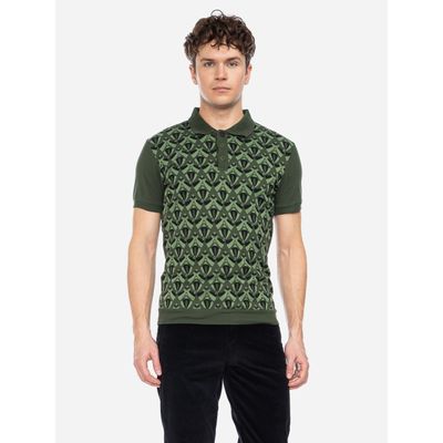 Foto van ATO Berlin | Polo Enzio, groen zwart retro jacquard patroon, korte mouw
