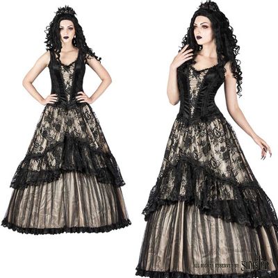 Foto van Sinister | Lange gothic jurk Sheridan, Ivory onderlaag met zwart kanten overrokken