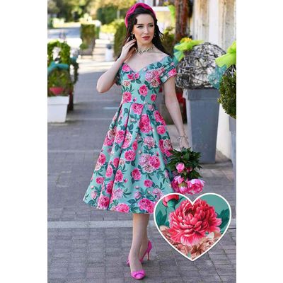 Dolly and Dotty | Jurk Lily off shoulder vintage swing jurk, mint met roze pioenrozen
