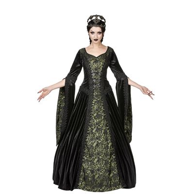 Sinister | Lange gothic jurk Frouwkje, olijf voorkant met zwartfluweel en lange mouwen