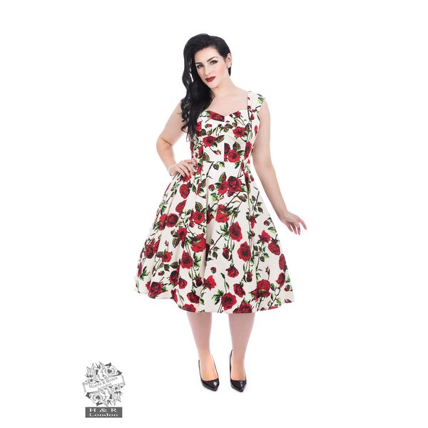 Hearts & Roses | Jaren 50 jurk, Ditsy Rose met grote rode rozen, Queensize