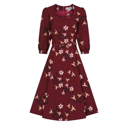 Foto van Collectif | Jurk Emmalyn, vintage jurk, bordeaux met kolibries