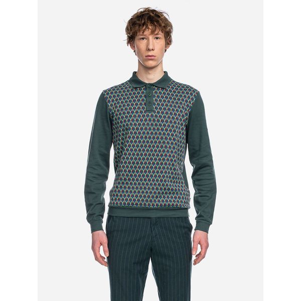 ATO Berlin | Polo Enne, lange mouw blauw groen retro patroon