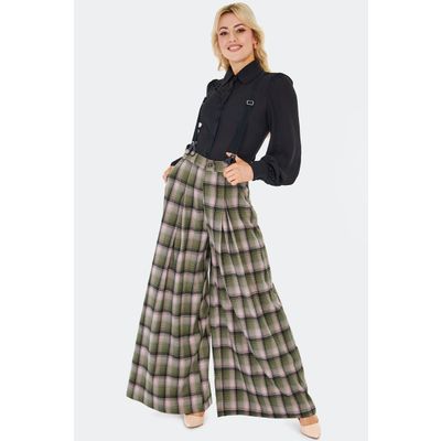 Foto van Voodoo Vixen | Groen geruite pantalon met wijde pijpen, hoge taille en afneembare bretels