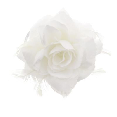 Zacharia | Witte roos met glitter en veertjes op haarclip broche en elastiek