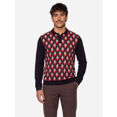 Foto van ATO Berlin | Polo Enne met lange mouw zwart rood retro jacqard patroon