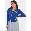 Afbeelding van Voodoo Vixen | Blauwe cardigan met gebloemde retro western borduursels en witte biesjes