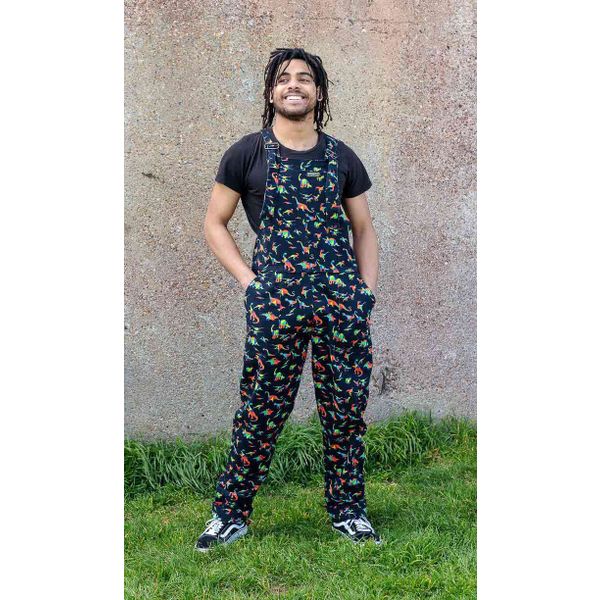 Run & Fly | Zwarte tuinbroek met regenboog dino print, unisex