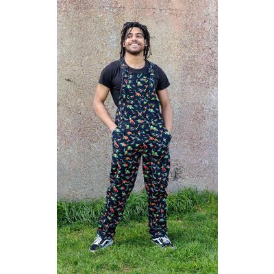 Foto van Run & Fly | Zwarte tuinbroek met regenboog dino print, unisex
