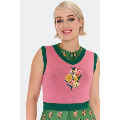 Foto van Voodoo Vixen | Roze jaren '60 retro spencer met kat in bloem borduursel