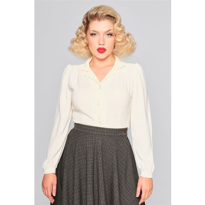 Collectif | Jaren 40 blouse, Pepper in Ivory met lange pofmouw