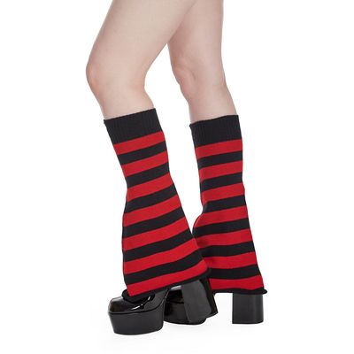 Foto van Banned | Stoker, rood zwart gestreepte wijd uitlopende beenwarmers