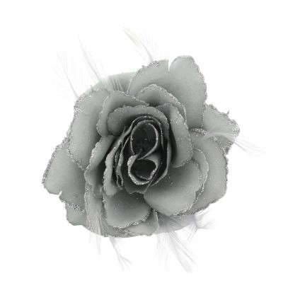 Zacharia | Zilver roos met glitter en veertjes op haarclip, broche en elastiek